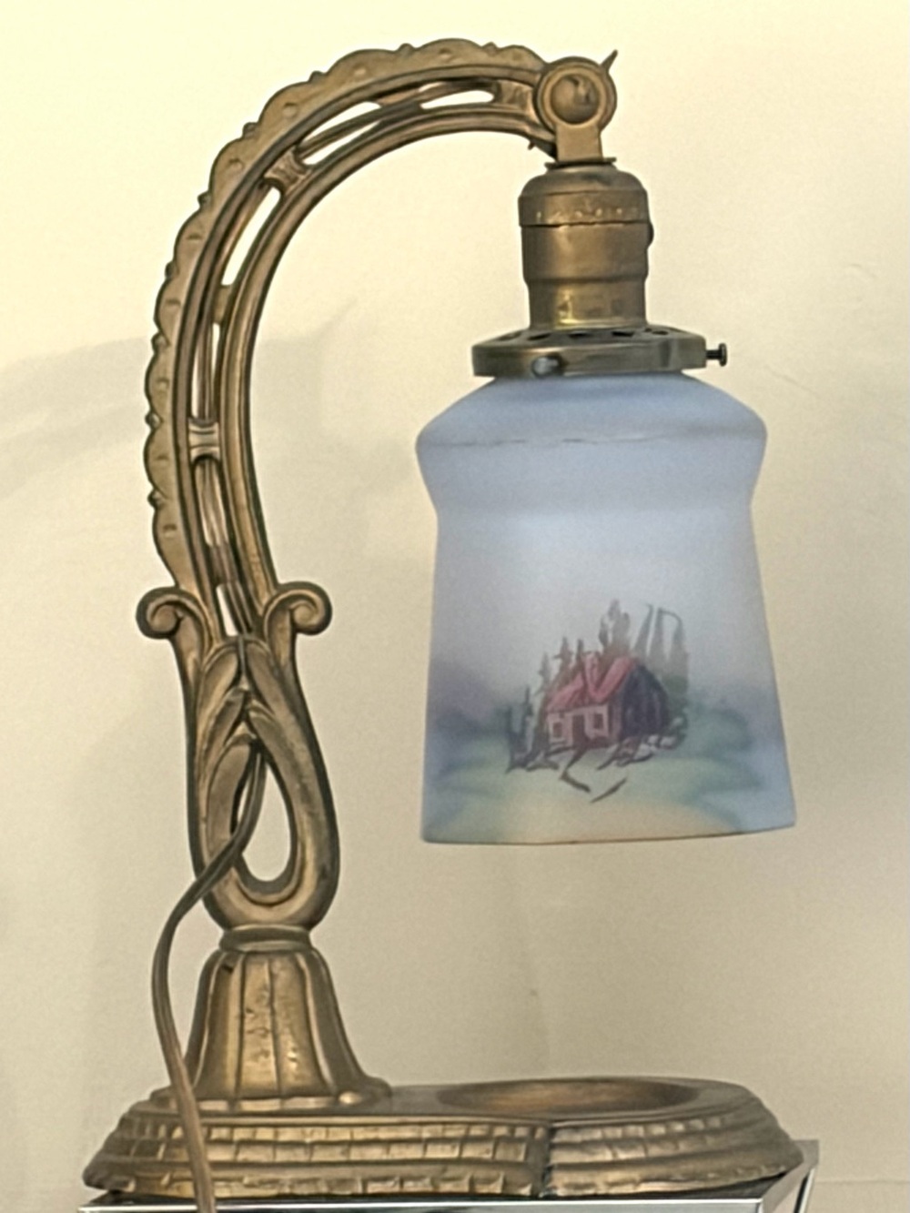 Vintage Brass Table Lamp with Hand-Painted Blue Glass Shade